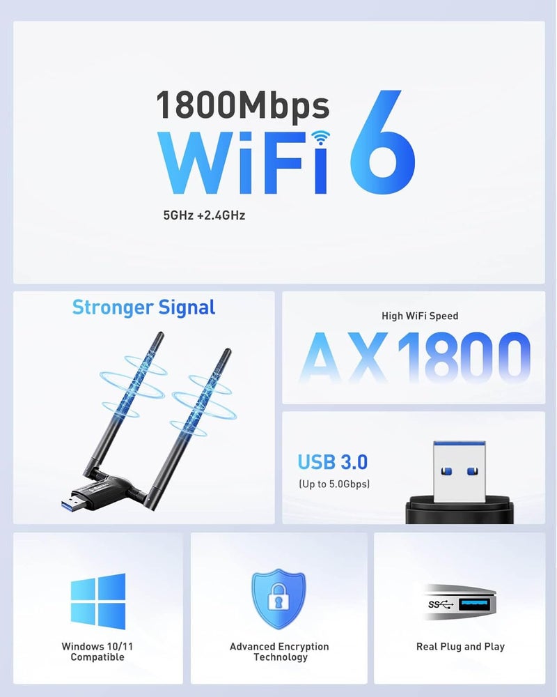 Nineplus USB WiFi Adapter for Desktop PC - 1800Mbps 5.8G/2.4G Wi-Fi 6 USB 3.0 Wireless Adapter with 2x5dBi Antenna WiFi Dongle for Desktop PC Laptop 802.11ax Internet Network Card for Win11/10 - Image 2